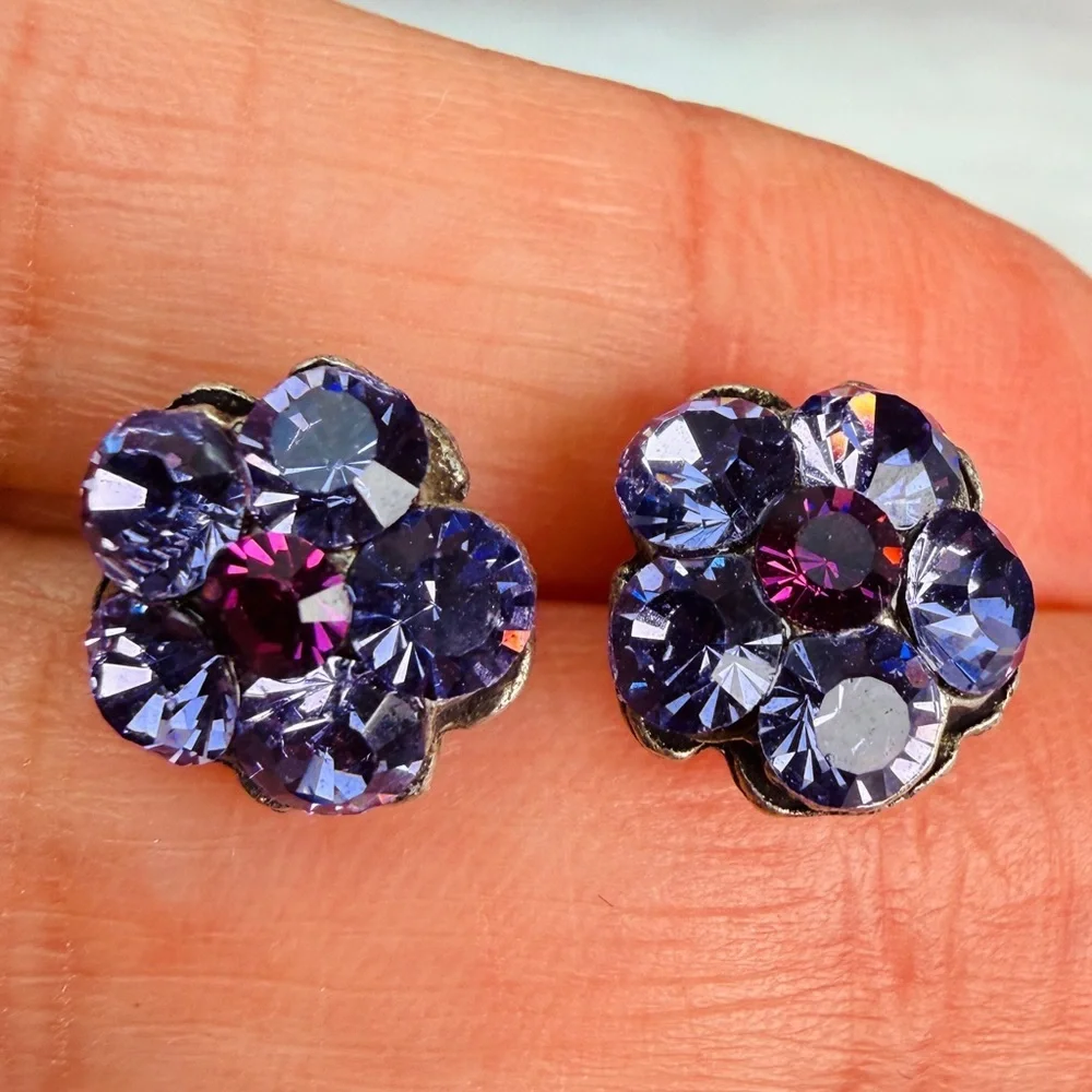 Vintage Purple and Pink Crystal Flower Stud Pierced Earrings